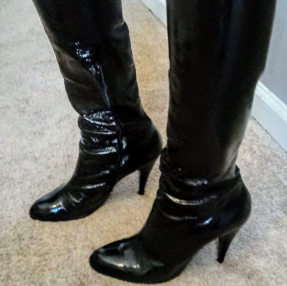 Black Patent Leather Knee High Heel Boots